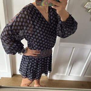 $485 Ramy Brook Women Blue V-Neck Smocked Geo Medallion Long-Sleeve Mini…